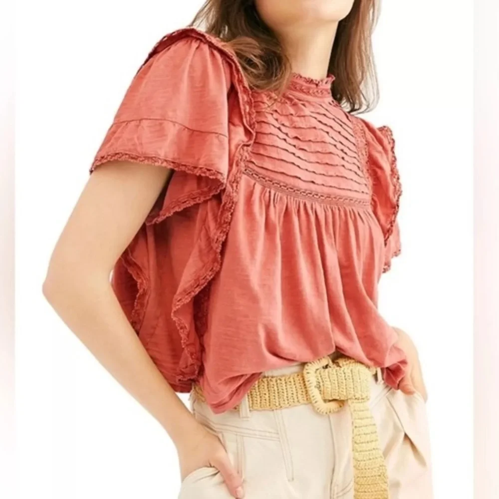 Free people Le Femme Boho Ruffled Peasant Blouse Top Oversized XS Milkmaid Mock